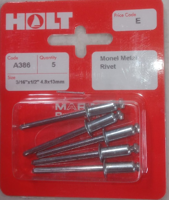 Rivet, Monel Metal 3/16 x 1/2" 4.8 x 13mm 5 Pack