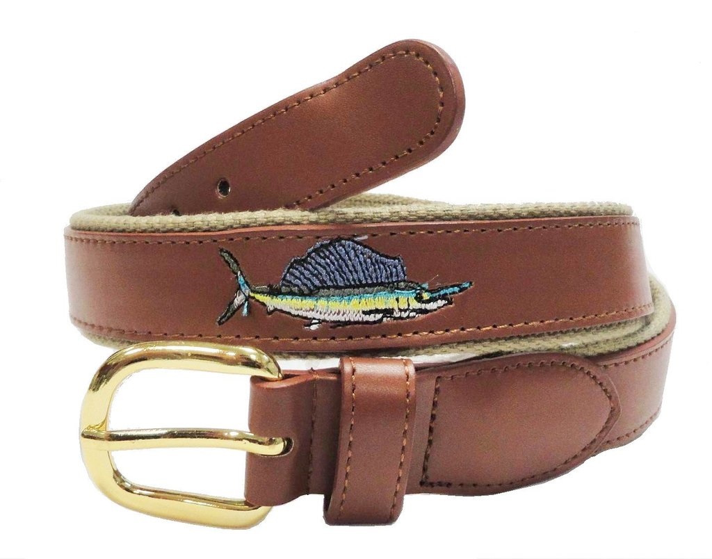 Belt, Leather Embroidery Sailfish Size 36 Khaki