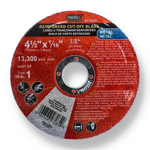 Cutoff Disc, Ø4.5" Thickness:1/16 Hole:7/8 for Metal