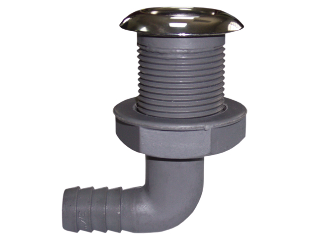 Thru-Hull, 90º Hose:1.5" Outside-Cap Stainless Steel Grey Plastic