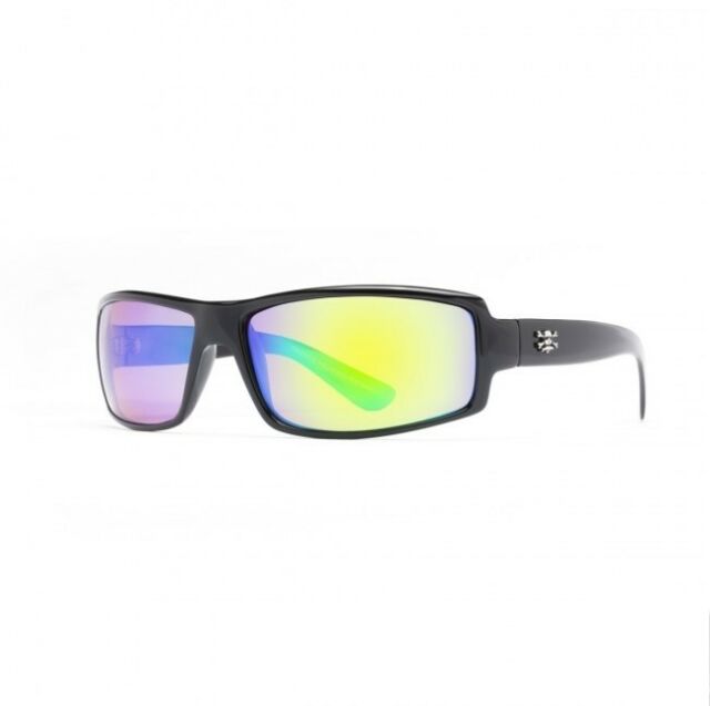 Sunglasses, New Wave Black Frame Green Mirror Lens