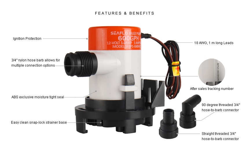 Bilge Pump, Submersible Non-Automatic 02 Series 12V 600GpH